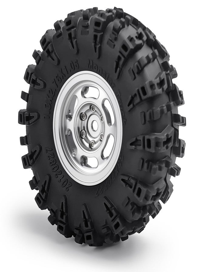 MORFUM 1.3" Beadlock Wheels and Tires Set 1.3inch Aluminium Beadlock Wheel Rims with 70mm Soft Sticky Crawler Mud Terrain Rubber Tires for 1/18 1/24 SCX24 TRX4M RC Car Upgrades (Style B - Silver) - Image 4